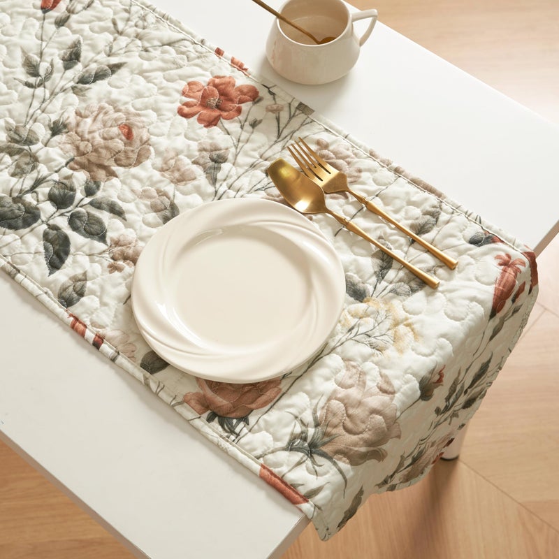 DaDa Bedding Enchanted Meadow Reversible Dinner Table Runner - Floral Elegance in Beige, Rose, and Soft Olive Green, Premium Soft Microfiber Quilted Table Runner (13" x 72") - Image 1