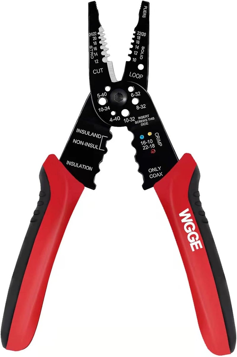 WGGE WG-015 أداة احترافية لقص الأسلاك/تثبيت الأسلاك بطول 8 بوصات، قاطع كابلات/مقابس، أداة يدوية متعددة الوظائف، حمراء مع الأسود - Image 1