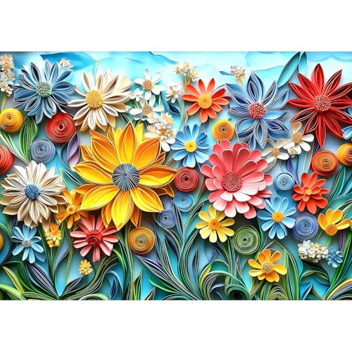 MINIWAN 3D Quilling Paper Art Colorful Wild Flowers Puzzles for Adults 1000 Pieces Vibrant Multicolor Paper Quilling Floral Jigsaw Puzzle Gift for Flower Art Lovers 275x197 Inch - Image 1