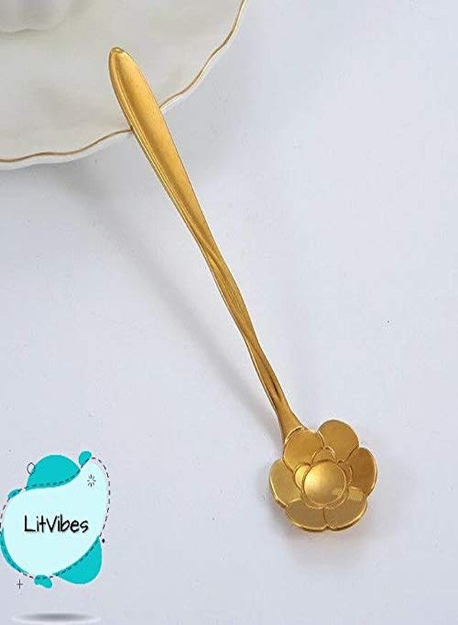 Litvibes Set of 4 Stainless Steel Creative Tableware Flower Dessert Spoon,Coffee Spoon,Sugar Spoon,Mixing Spoon,Tea Spoon,Stirring Spoon,Cake & Ice Cream Spoon,Stir bar Gold Spoon- (Sunflower Design) - Image 2