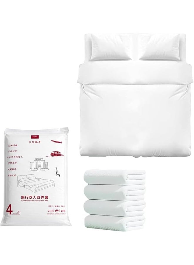 طقم مفروشات سفر للاستخدام مرة واحدة، 4 قطع، قماش، مناسب للفنادق ورحلات العمل، يتضمن غطاء ملاءة سرير، غطاء للجسم، وأغطية وسائد. غطاء ملاءة صحي 220×240 سم، غطاءا وسادة 50×85 سم، وغطاء لحاف 220×240 سم. - Image 1