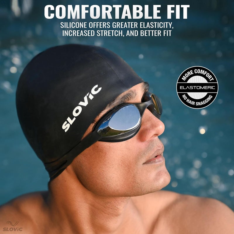SLOVIC Swimming Cap for Men & Women [Black] | Swimming Caps for Women with Long Hair | Swimming Accessories for Men & Women | Unisex & Waterproof Silicon Cap to Prevent Chemical Damage | Free Size - Image 4