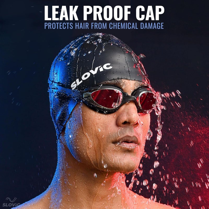 SLOVIC Swimming Cap for Men & Women [Black] | Swimming Caps for Women with Long Hair | Swimming Accessories for Men & Women | Unisex & Waterproof Silicon Cap to Prevent Chemical Damage | Free Size - Image 2