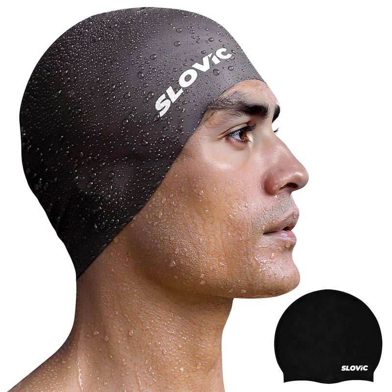 SLOVIC Swimming Cap for Men & Women [Black] | Swimming Caps for Women with Long Hair | Swimming Accessories for Men & Women | Unisex & Waterproof Silicon Cap to Prevent Chemical Damage | Free Size - Image 1