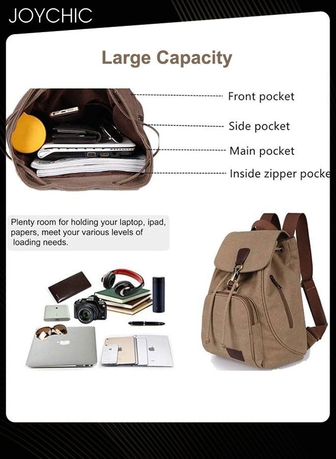Joychic حقيبة ظهر قماش كبيرة السعة للنساء والفتيات بتصميم ريترو عصري متعددة الجيوب للمدرسة للسفر والرياضة والتخييم والمشي وركوب الدراجات باللون البني - Image 3