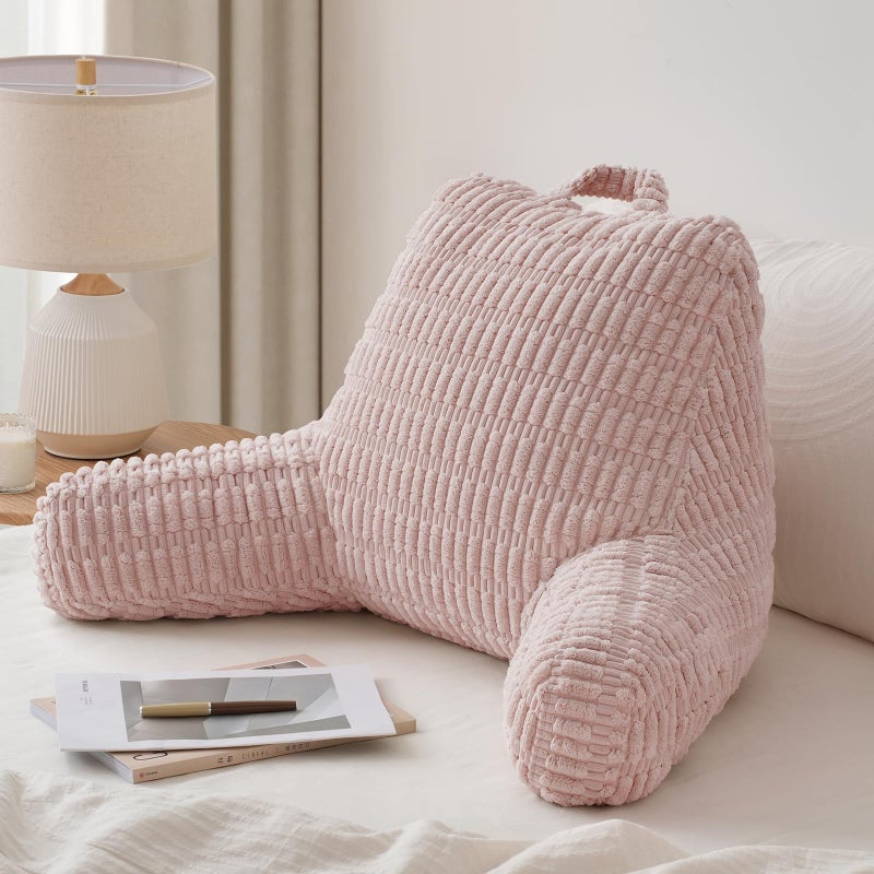 Blissful Diary Reading Pillow, Backrest Pillow with Shredded Memory Foam for Adult & Children, Designed for Bed and Couch Sitting Up, Includes Arms, Pockets and Washable Cover, Pale Pink - Image 1