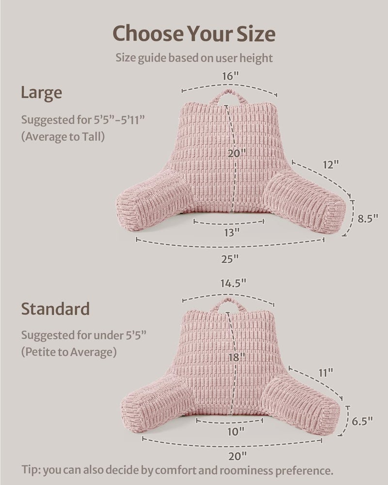 Blissful Diary Reading Pillow, Backrest Pillow with Shredded Memory Foam for Adult & Children, Designed for Bed and Couch Sitting Up, Includes Arms, Pockets and Washable Cover, Pale Pink - Image 4