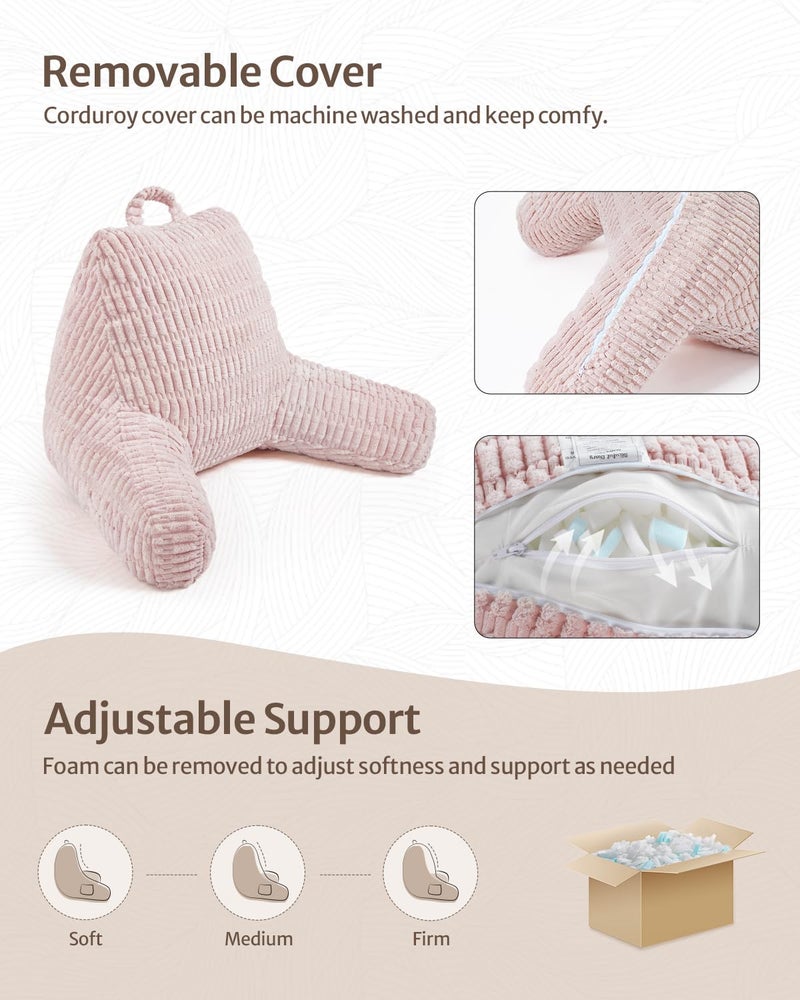 Blissful Diary Reading Pillow, Backrest Pillow with Shredded Memory Foam for Adult & Children, Designed for Bed and Couch Sitting Up, Includes Arms, Pockets and Washable Cover, Pale Pink - Image 5