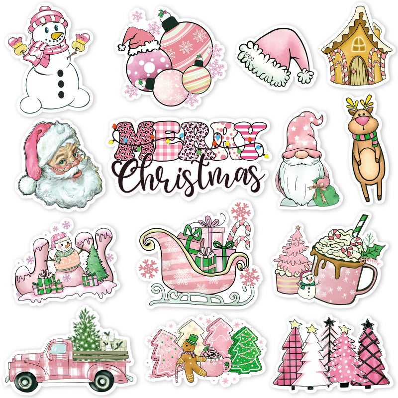 Whaline 14Pcs Pink Christmas Refrigerator Magnets Vintage Santa Snowman Decorative Fridge Magnetic Stickers Xmas Theme Garage Magnet for Kitchen Dishwasher Mailbox Metal Door Cabinets Decoration
