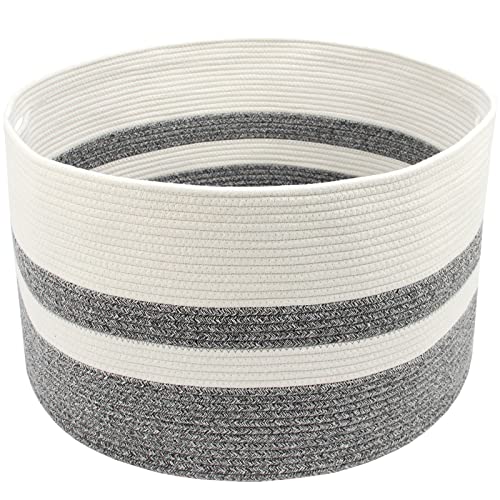 Casaphoria XXXLarge Cotton Rope Basket for Living Room - Woven Storage Basket with Handle for Blankets, Towels and Pillows Laundry Hamper | White and Grey (22" x 22" x 14") - Image 2