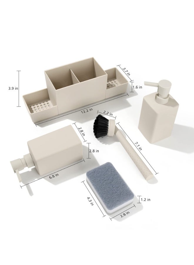Kitchen Sink Caddy Organizer Set with Double Soap Dispensers, Sponge Holder, and Dish Brush, Matte Beige - Image 2