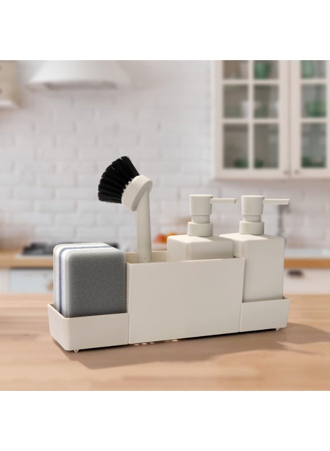 Kitchen Sink Caddy Organizer Set with Double Soap Dispensers, Sponge Holder, and Dish Brush, Matte Beige - Image 4