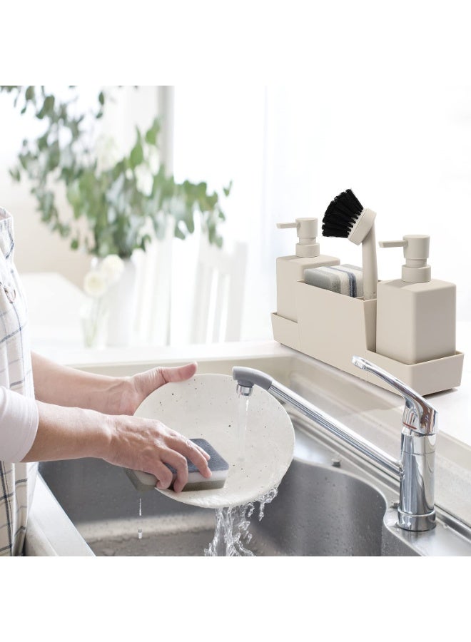Kitchen Sink Caddy Organizer Set with Double Soap Dispensers, Sponge Holder, and Dish Brush, Matte Beige - Image 3