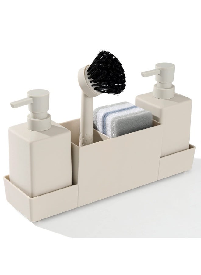 Kitchen Sink Caddy Organizer Set with Double Soap Dispensers, Sponge Holder, and Dish Brush, Matte Beige - Image 1