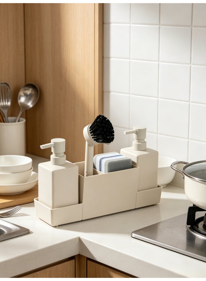 Kitchen Sink Caddy Organizer Set with Double Soap Dispensers, Sponge Holder, and Dish Brush, Matte Beige - Image 5