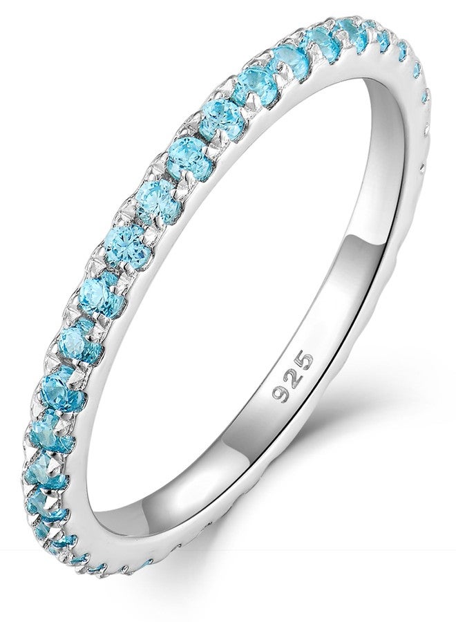 YL Stackable Ring 925 Sterling Silver Wedding Eternity Bands Created Aquamarine Stacking Rings for Women-size9 - Image 1