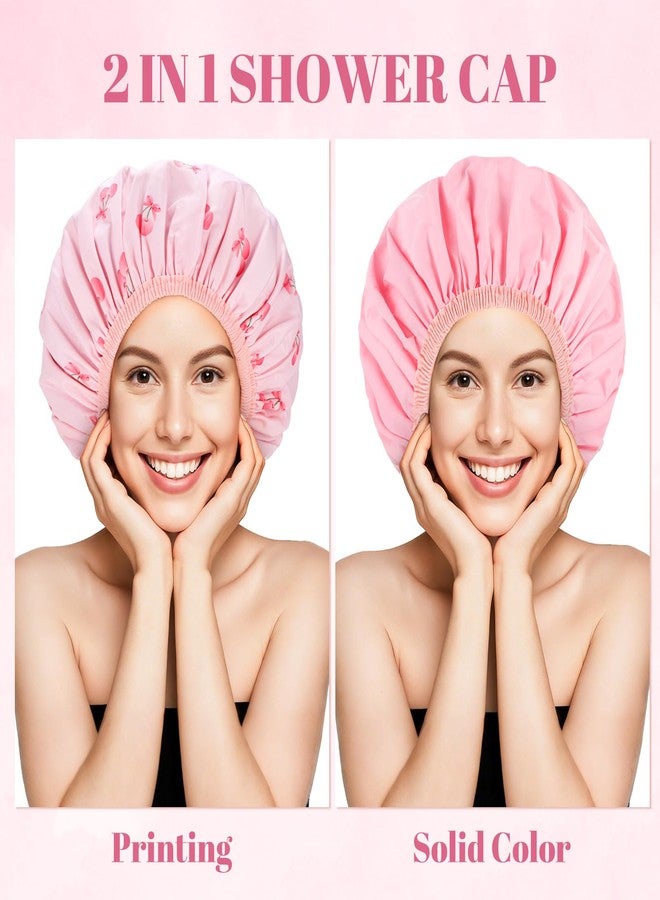 Pengxiaomei Double-Sided Shower Cap for Women, 2 in 1 Reusable Waterproof Cherry Print Bath Cap for Women Girls Long Thick Hair - Image 3