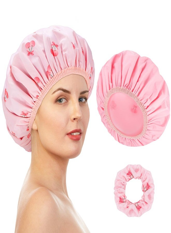 Pengxiaomei Double-Sided Shower Cap for Women, 2 in 1 Reusable Waterproof Cherry Print Bath Cap for Women Girls Long Thick Hair - Image 1