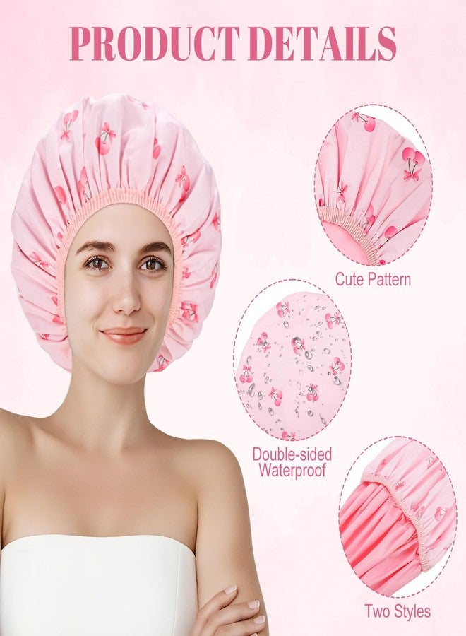 Pengxiaomei Double-Sided Shower Cap for Women, 2 in 1 Reusable Waterproof Cherry Print Bath Cap for Women Girls Long Thick Hair - Image 4