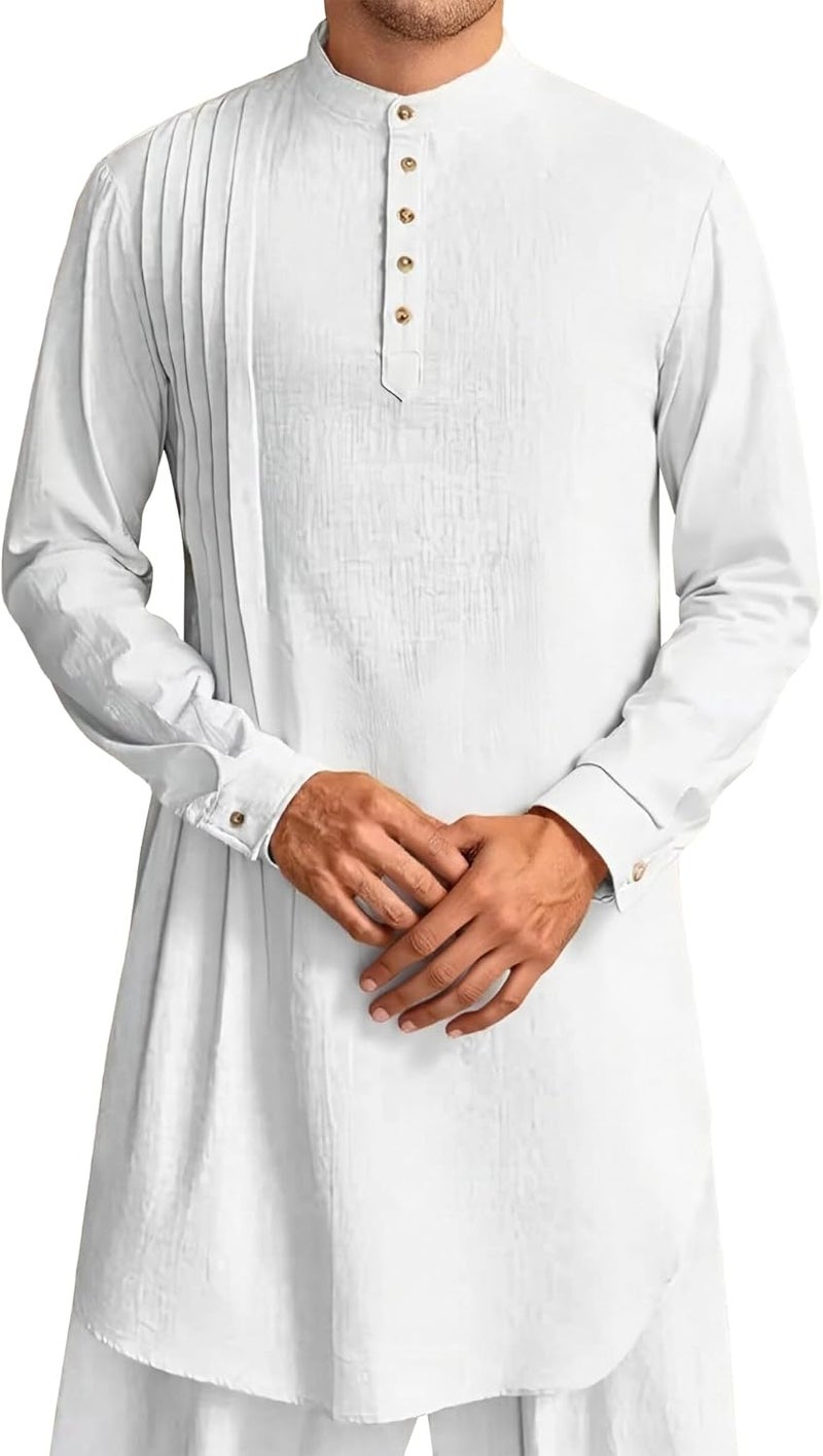 Men's Kaftan Thobe - Breathable Cotton Long Sleeve Henley Shirt with Pleated Stripes - White XL - Image 1