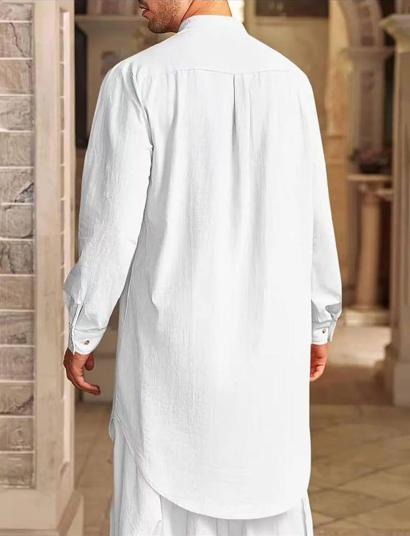 Men's Kaftan Thobe - Breathable Cotton Long Sleeve Henley Shirt with Pleated Stripes - White XL - Image 3