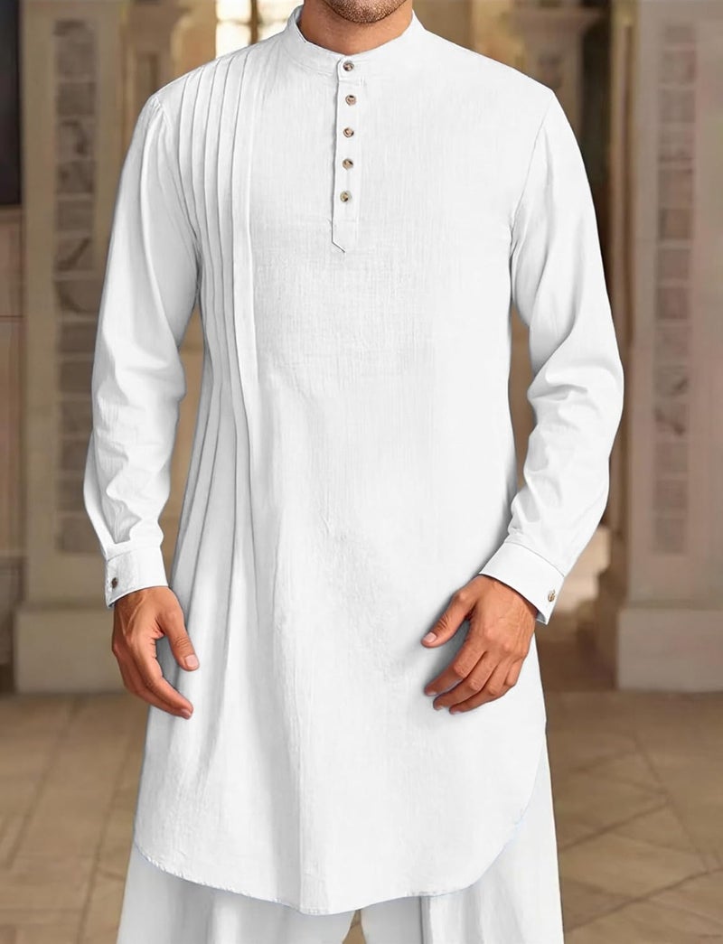 Men's Kaftan Thobe - Breathable Cotton Long Sleeve Henley Shirt with Pleated Stripes - White XL - Image 2
