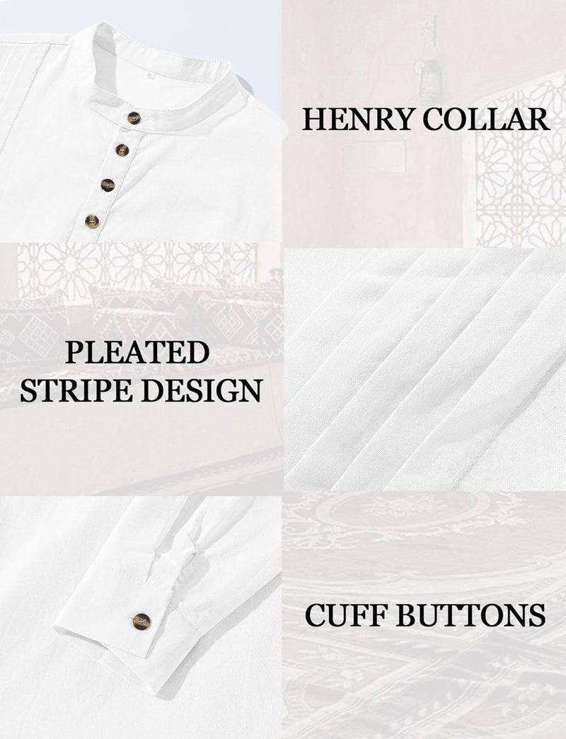 Men's Kaftan Thobe - Breathable Cotton Long Sleeve Henley Shirt with Pleated Stripes - White XL - Image 4