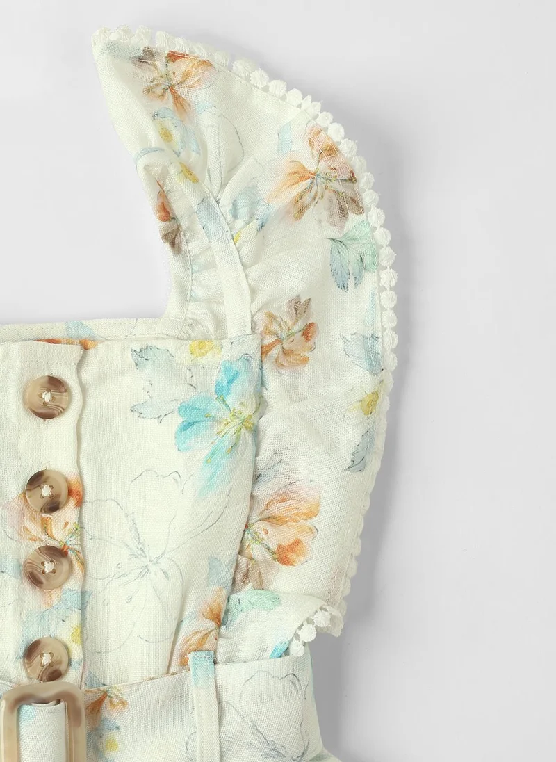Nautinati Nautinati Girls Ruffle Sleeves Printed Jumpsuit with Mock Belt