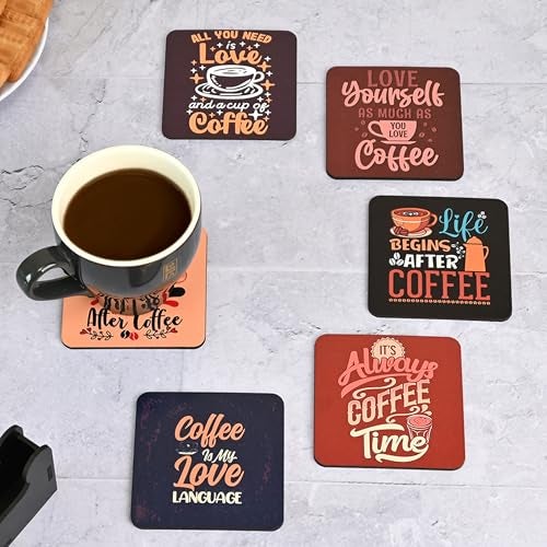Gift Kya De GKD Coaster Set of 6 Beautiful Wooden Coasters with Proper Coaster Stand Designer Coaster Set fit for Tea Cups and Coffee Mugs Also Coffee Lover Gifts (Square 3.8 X 3.8 Inch) - Image 1