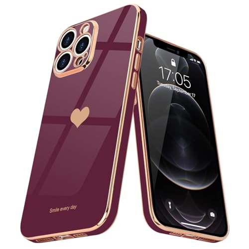 Teageo for iPhone 12 Pro Case for Women Girl Cute Love-Heart Luxury Bling Plating Soft Back Cover Raised Full Camera Protection Bumper Silicone Shockproof Phone Case for iPhone 12 Pro, Wine red - Image 2