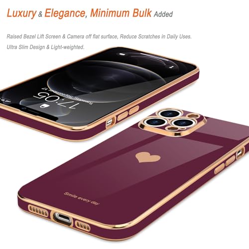Teageo for iPhone 12 Pro Case for Women Girl Cute Love-Heart Luxury Bling Plating Soft Back Cover Raised Full Camera Protection Bumper Silicone Shockproof Phone Case for iPhone 12 Pro, Wine red - Image 4