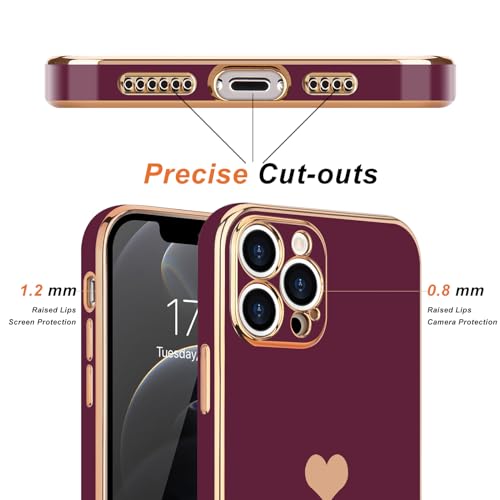 Teageo for iPhone 12 Pro Case for Women Girl Cute Love-Heart Luxury Bling Plating Soft Back Cover Raised Full Camera Protection Bumper Silicone Shockproof Phone Case for iPhone 12 Pro, Wine red - Image 3
