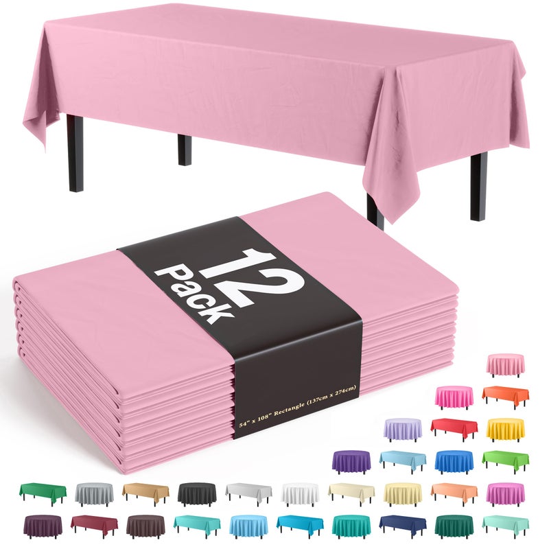 Exquisite Party Solids 12Pack Premium Plastic Tablecloth 54in x 108in Rectangle Table Cover  Pink