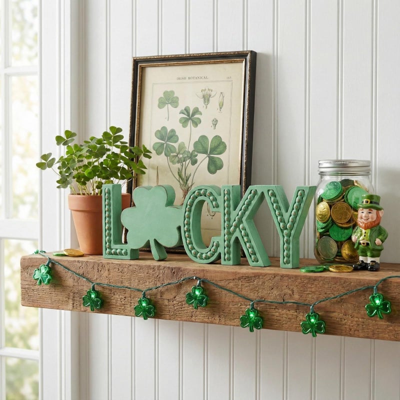 TRENDIN Lucky Sign, Wooden Saint Patricks Day Decorations, St Patrick's Day Decor for Table, Mantel, Shelf, Cubicle, St Patty's Decorations for Home, Office, Beaded Irish Shamrock Clover Decor - Image 3