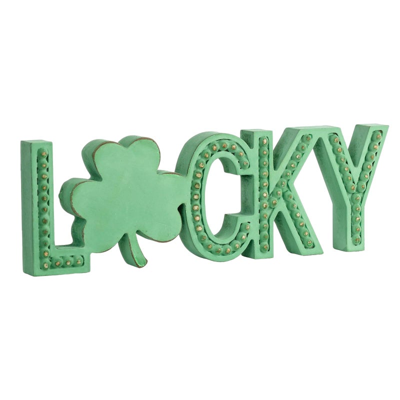 TRENDIN Lucky Sign, Wooden Saint Patricks Day Decorations, St Patrick's Day Decor for Table, Mantel, Shelf, Cubicle, St Patty's Decorations for Home, Office, Beaded Irish Shamrock Clover Decor - Image 1