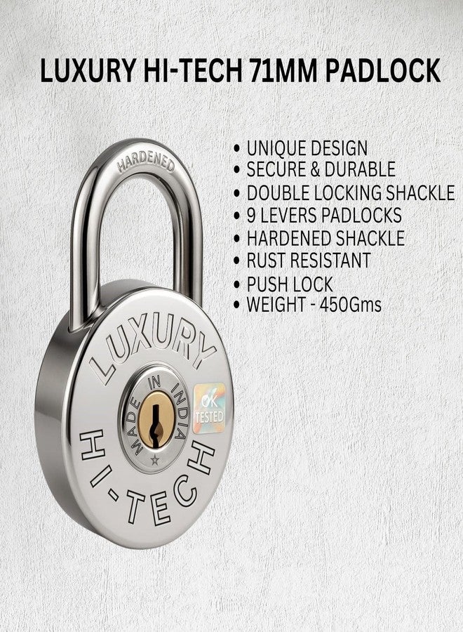 ONEPRO HI-Tech Round Push Padlock 71mm 4 Keys, 9 Steel Levers Double Locking, Strong Hardened Corrosion Resistant Shackle Lock and Keys for Home Door Shutter Shop Office Main Gate Silver Chrome Finish - Image 4