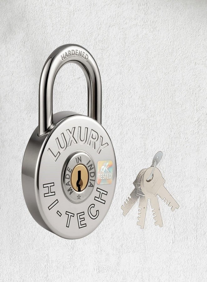 ONEPRO HI-Tech Round Push Padlock 71mm 4 Keys, 9 Steel Levers Double Locking, Strong Hardened Corrosion Resistant Shackle Lock and Keys for Home Door Shutter Shop Office Main Gate Silver Chrome Finish - Image 1