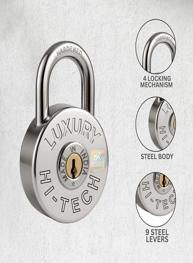 ONEPRO HI-Tech Round Push Padlock 71mm 4 Keys, 9 Steel Levers Double Locking, Strong Hardened Corrosion Resistant Shackle Lock and Keys for Home Door Shutter Shop Office Main Gate Silver Chrome Finish - Image 3