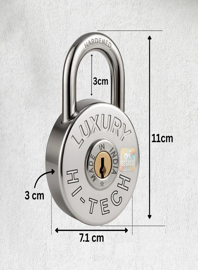 ONEPRO HI-Tech Round Push Padlock 71mm 4 Keys, 9 Steel Levers Double Locking, Strong Hardened Corrosion Resistant Shackle Lock and Keys for Home Door Shutter Shop Office Main Gate Silver Chrome Finish - Image 2