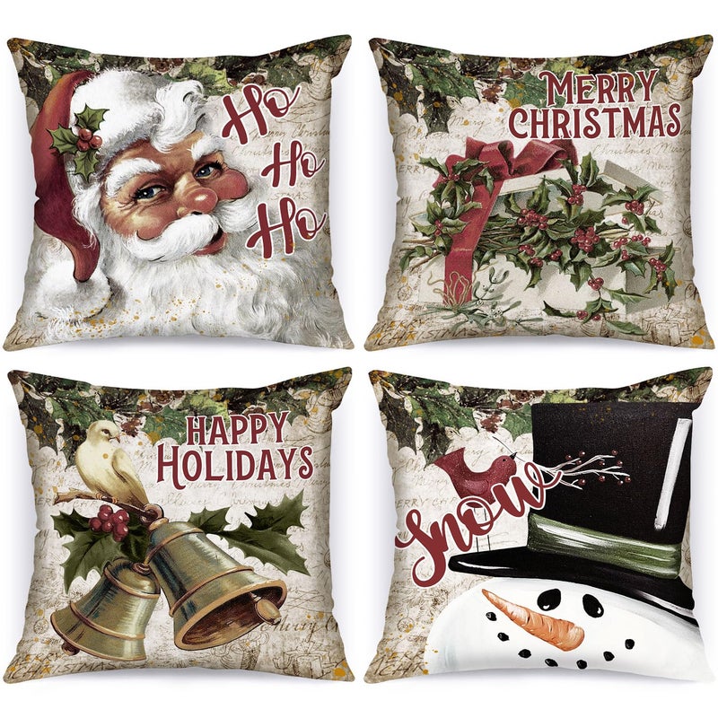 Lanpn Vintage 18x18 Christmas Throw Pillow Covers Set of 4 Retro Santa Claus Snowman Decorative Holiday Pillow Case Cushion Cover 18 x 18 for Indoor Home Bedroom Sofa Couch Xmas Decor - Image 2