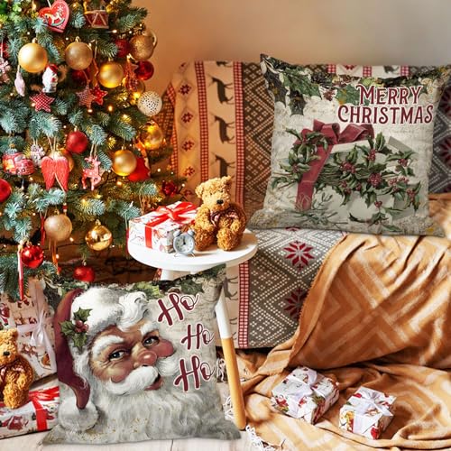 Lanpn Vintage 18x18 Christmas Throw Pillow Covers Set of 4 Retro Santa Claus Snowman Decorative Holiday Pillow Case Cushion Cover 18 x 18 for Indoor Home Bedroom Sofa Couch Xmas Decor - Image 3