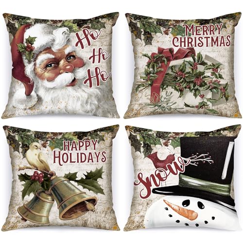 Lanpn Vintage 18x18 Christmas Throw Pillow Covers Set of 4 Retro Santa Claus Snowman Decorative Holiday Pillow Case Cushion Cover 18 x 18 for Indoor Home Bedroom Sofa Couch Xmas Decor - Image 1