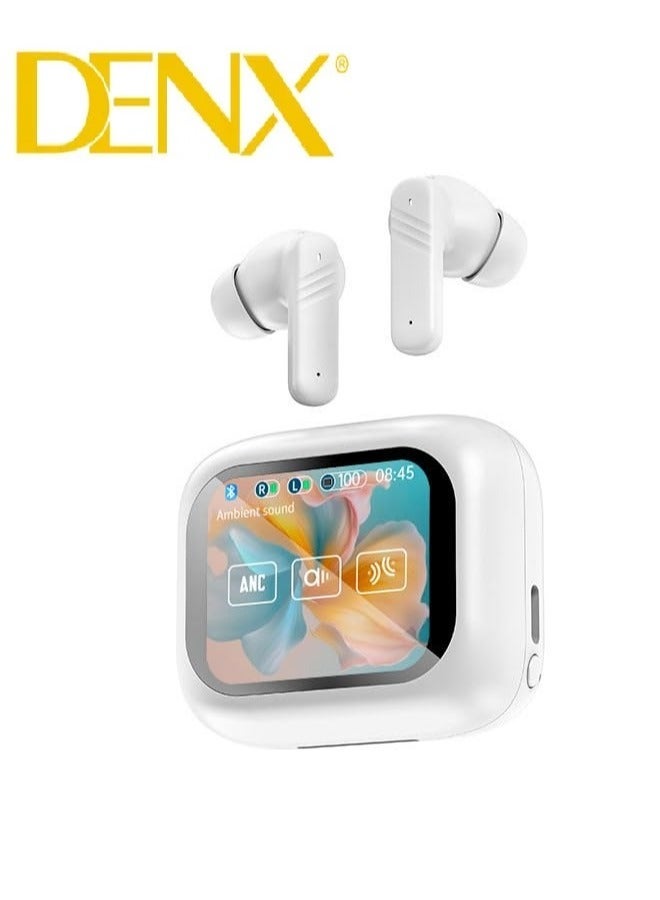 Denx Smart Bluetooth Earphone with Touch Screen ANC/ENC with 320mAh Battery Waterproof Wireless Bluetooth Earbuds with Noise Cancelling and Professional LCD Display for iPhone and Android in White - Image 2