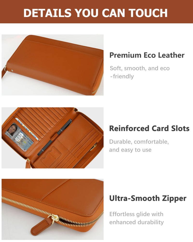 Sunpour Large Capacity Travel Wallet for Women, RFID Blocking Zipper Clutch Wristlet Wallet with AirTag Slot, Fits Phone,Credit Cards & Passport(Brown) - Image 5