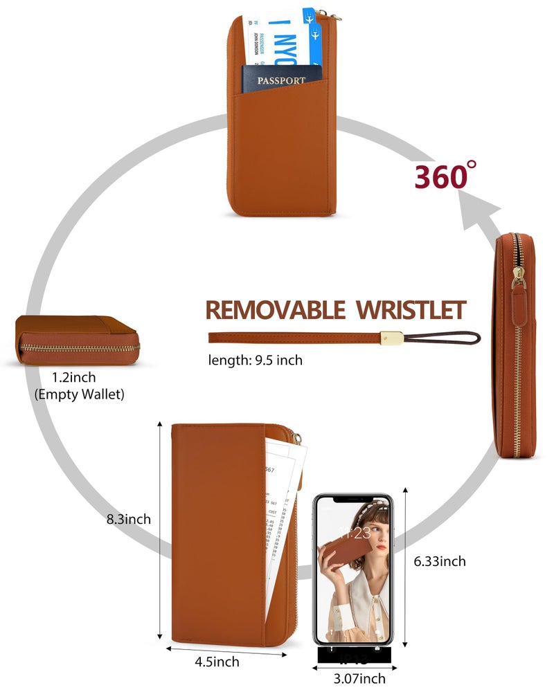 Sunpour Large Capacity Travel Wallet for Women, RFID Blocking Zipper Clutch Wristlet Wallet with AirTag Slot, Fits Phone,Credit Cards & Passport(Brown) - Image 3