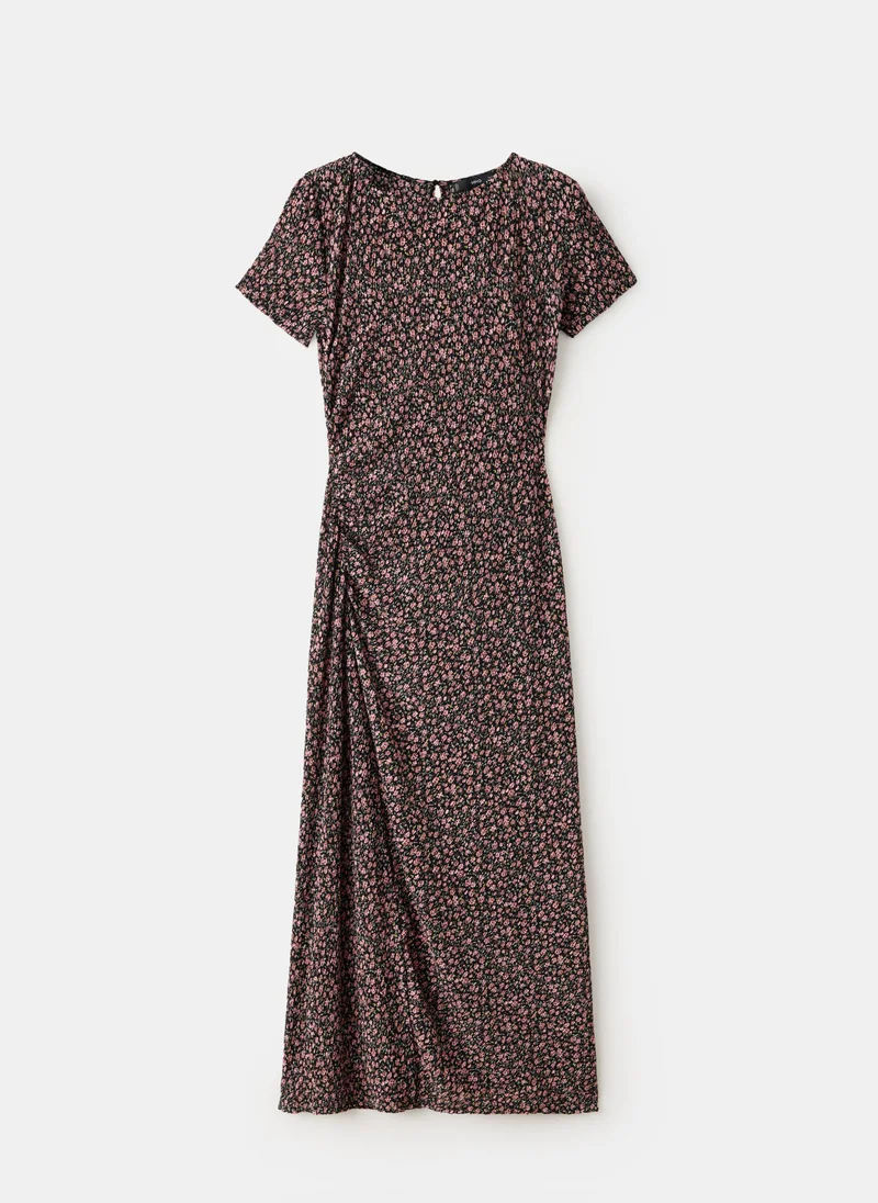Mango black with pink floral print Printed Dress With Draped Detail for Women | Best Price UAE