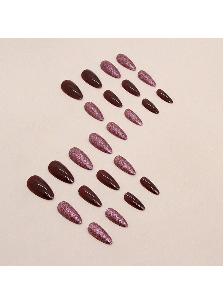 24PCS Almond Press on Nails, Burgundy Glitter Fake Nails, Glossy Almond-Shaped Stick-on Nails with Gel Glue, Nail File, Cleaning Pad, Wooden Stick, Easy to Apply & Long-Lasting - Image 2