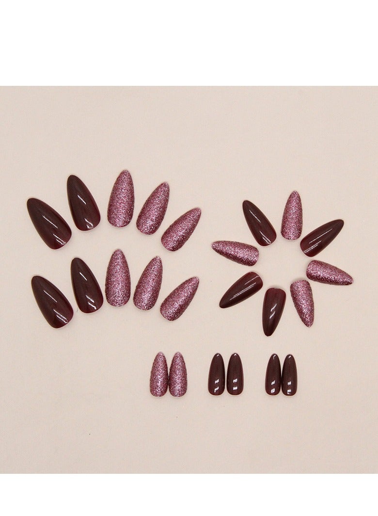 24PCS Almond Press on Nails, Burgundy Glitter Fake Nails, Glossy Almond-Shaped Stick-on Nails with Gel Glue, Nail File, Cleaning Pad, Wooden Stick, Easy to Apply & Long-Lasting - Image 3