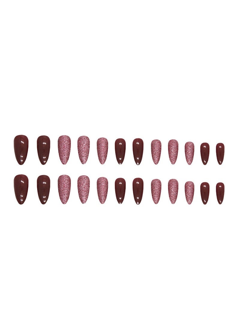 24PCS Almond Press on Nails, Burgundy Glitter Fake Nails, Glossy Almond-Shaped Stick-on Nails with Gel Glue, Nail File, Cleaning Pad, Wooden Stick, Easy to Apply & Long-Lasting - Image 4