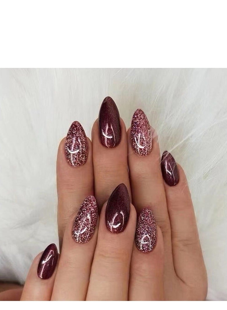 24PCS Almond Press on Nails, Burgundy Glitter Fake Nails, Glossy Almond-Shaped Stick-on Nails with Gel Glue, Nail File, Cleaning Pad, Wooden Stick, Easy to Apply & Long-Lasting - Image 1